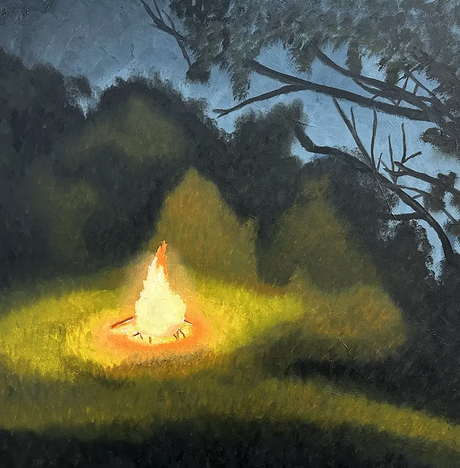 Artwork of a bonfire in a clearing