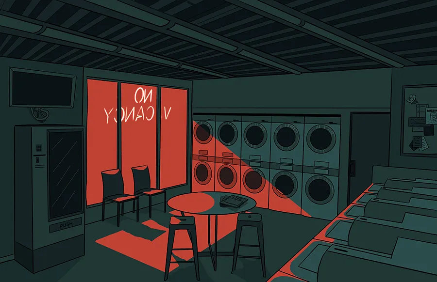 Digital illustration of a laundromat with a neon No Vacancy sign