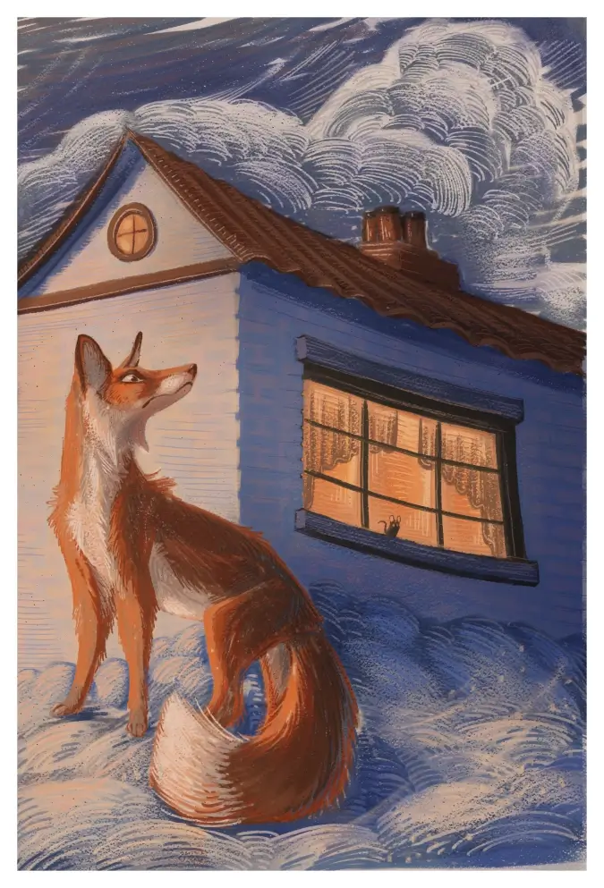 Illustration of a fox standing in snow outside a blue house with a lit window and swirling clouds above.