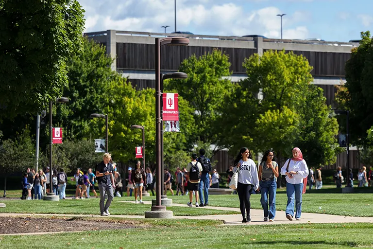 Students walk on the IU Indianapolis campus on the first day of classes