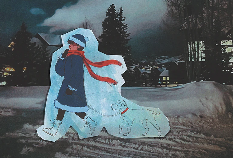 Collage art of person walking dog in snow