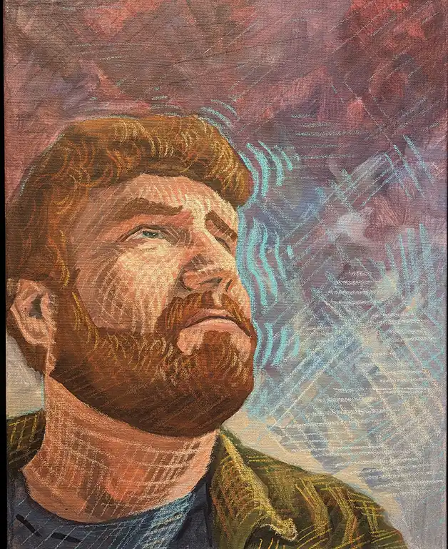 Artwork of a man looking up with a light blue and red background