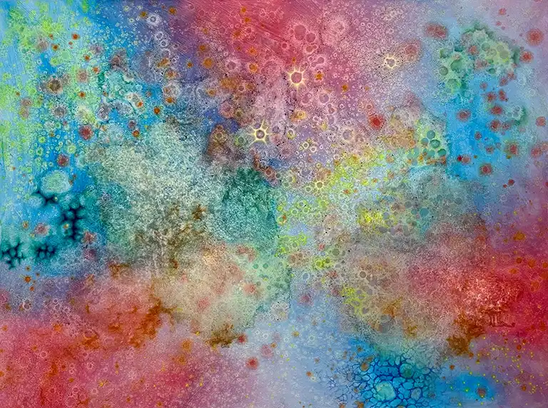 Abstract artwork with a range of blues, pinks, purples and greens blended together with gold tones and spiky shapes scattered throughout