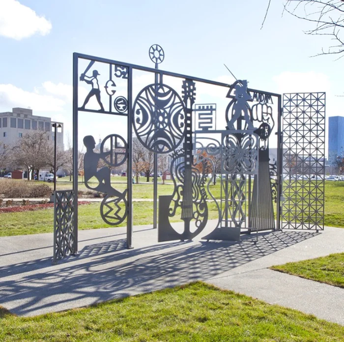 Metal cutouts sculpture depicting African American history in Indianapolis