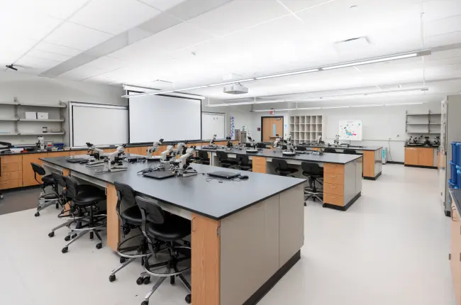 Modern laboratory with rows of microscopes on black-topped workstations.