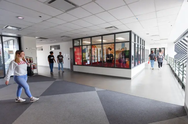 Students walking through a bright hallway with large windows and colorful wall art.