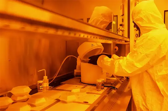 Person wearing white PPE working in a lab
