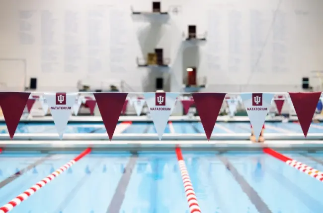 Large indoor swimming pool with multiple lanes, crowded with swimmers and spectators in the stands.