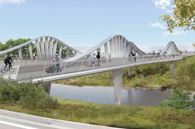 Rendering of the 16 Tech Bridge featuring a modern, wavy design with pedestrians and cyclists crossing over a river, surrounded by greenery.