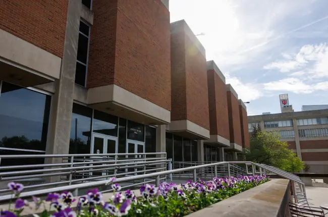 Brick building with vertical windows inset from the facade, flowers blooming in an elevated landscaped area in front of entrance ramp and stairs.