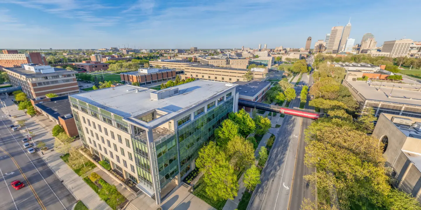 View of University Hall and surrounding campus with downtown Indianapolis nearby