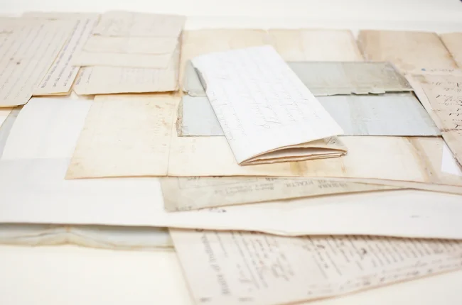 Archival papers spread on a table.